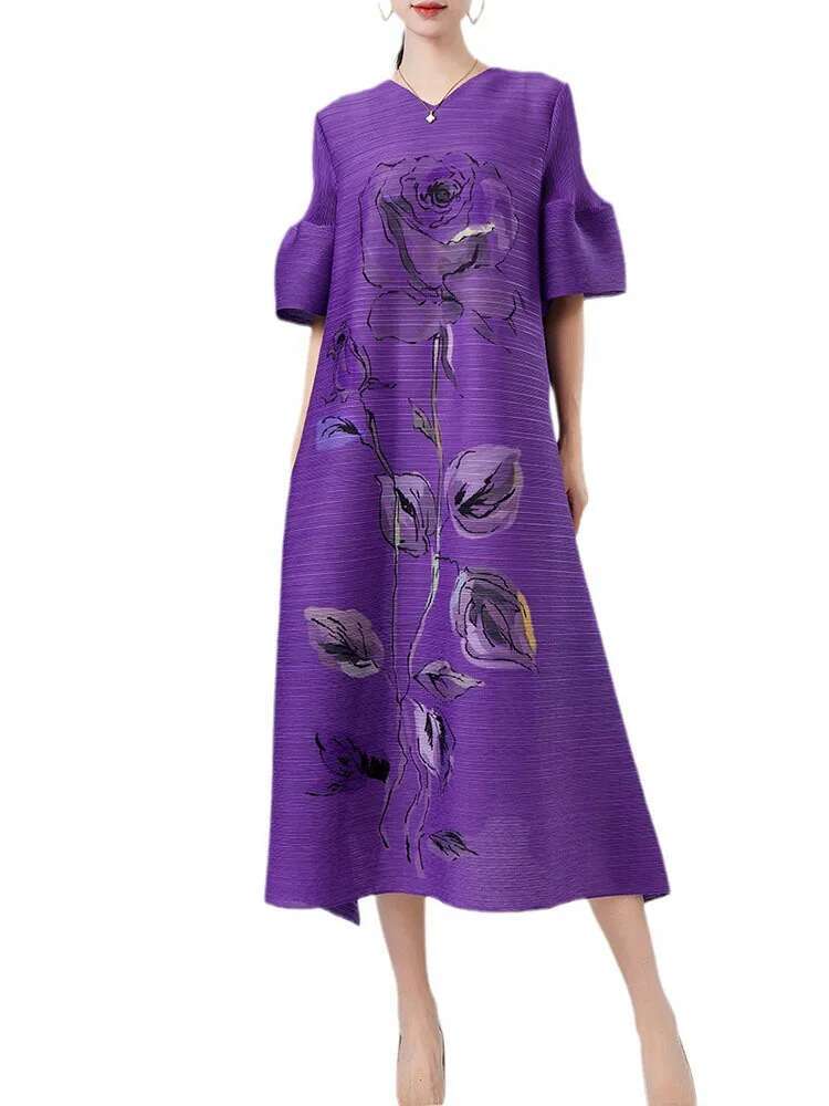 LANMREM-Robe plissée à col en V et manches lanterne pour femme, vêtement élégant de styliste avec impression florale, nouvelle collection été 2024, 2DA7893