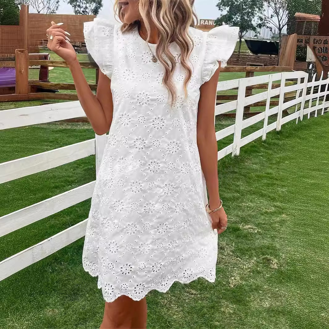 Mini jupe brodée à col rond pour femmes, robe blanche en fibre, dentelle confortable, élégante, décontractée, été