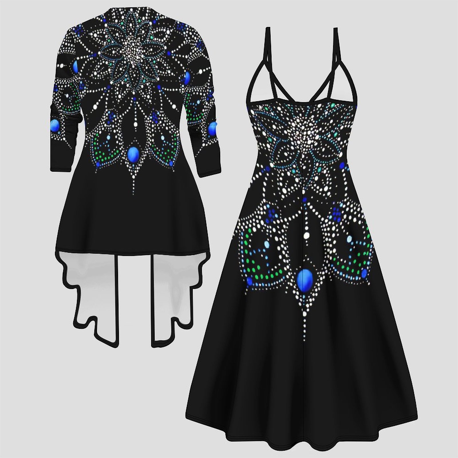 Ensemble deux pièces imprimé tendance pour femme : Robe midi col en V et cardigan asymétrique à manches 3/4, tenue décontractée pour les vacances