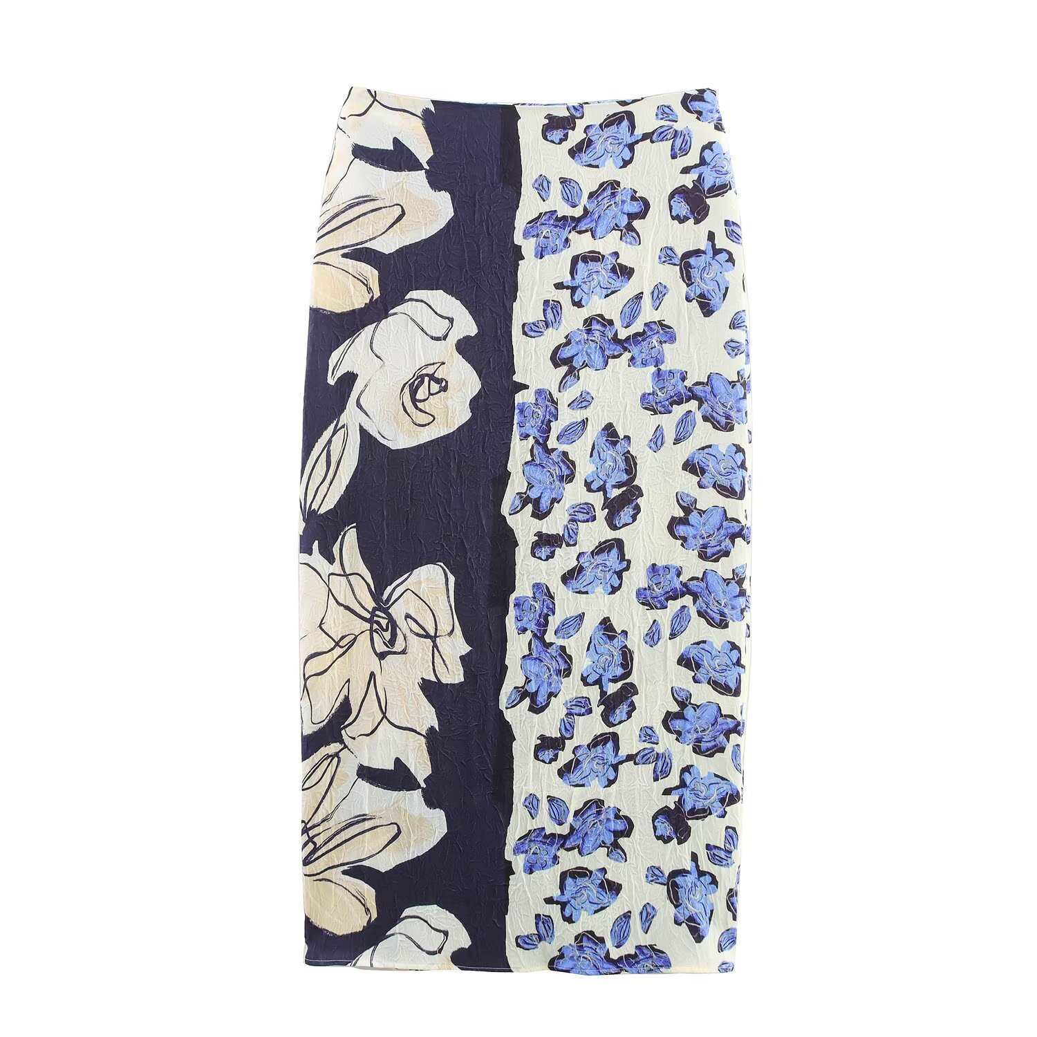 Jupe décontractée en satin imprimé pour femme, longueur midi, coupe trapèze, texture soyeuse, style urbain, tendance euro-américaine, saison estivale