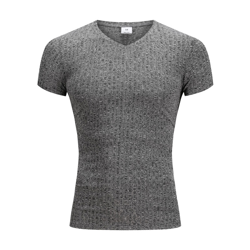 Hommes col en V à manches courtes T-shirt Fitness coupe ajustée sport T-shirt solide mode bandes t-shirts hauts été tricoté vêtements de sport
