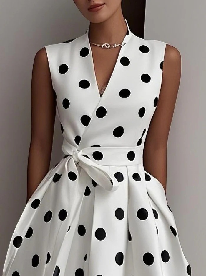 Robe sans manches à pois pour femme, col en V, corsage croisé, ceinture à nouer, robe plissée, poches latérales, tenue élégante pour les fêtes et le bureau