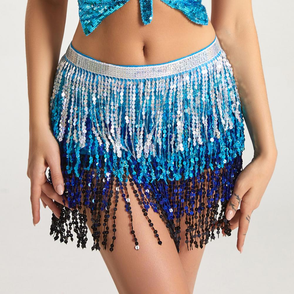 Jupe de danse orientale bohème à taille élastique, avec franges et sequins, pour performance de danse latine et hula en club ou soirée