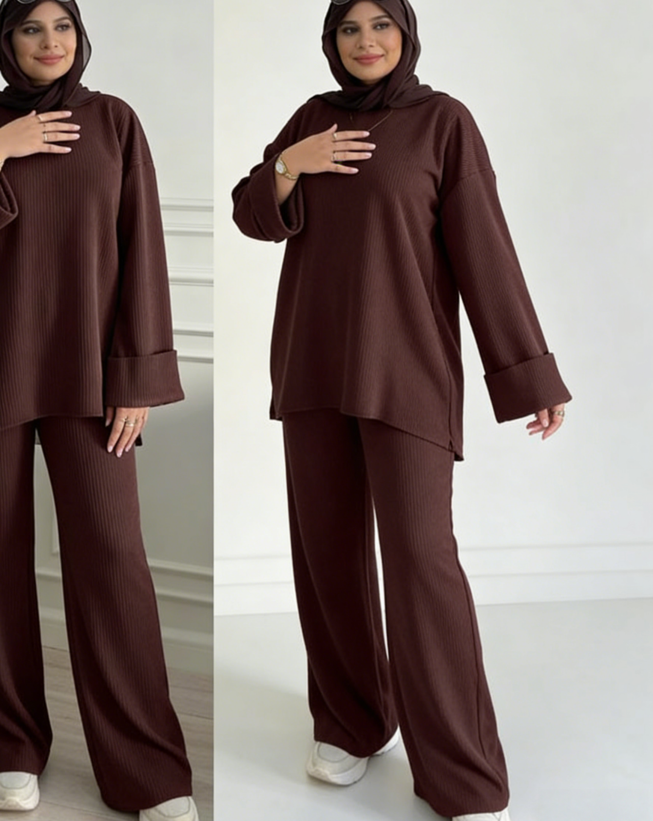 Ensemble tunique et pantalon marron ample à rayures verticales en maille pour femme, style modeste, mode musulmane
