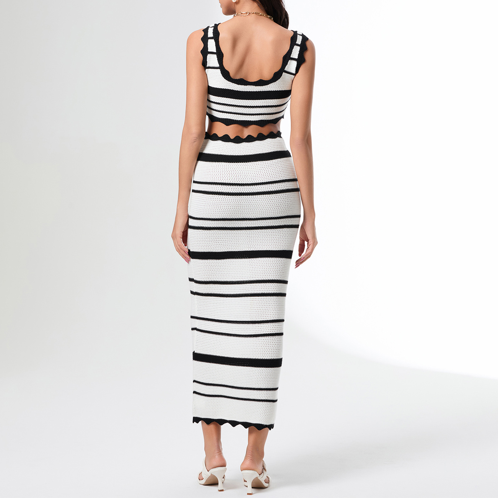 Ensemble Jupe et Haut à Rayures pour Femme, Tenue Élégante, Fermeture à lèvent, Précieux, Taille Haute, Maxi, Chic, Trempé, Été, 2 Pièces