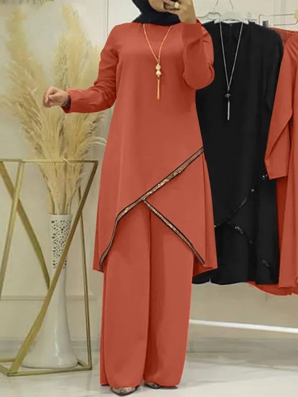 Ensemble deux pièces musulman pour femmes, chemise à manches longues, chemise à col rond, pantalon à jambes larges, décontracté, luxe, printemps et automne