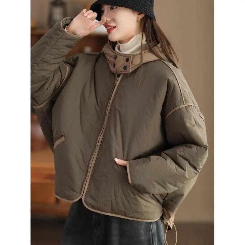 Veste matelassée à capuche et cordon de serrage pour femme, manteau chaud ample et fin en coton, couleur contrastée, mode automne et hiver, w1502
