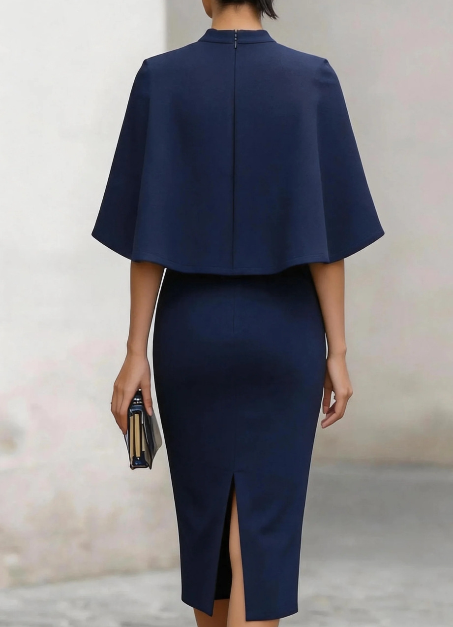 Robe crayon midi élégante à col montant et manches cape, tenue formelle unie pour mariage, soirée ou occasion spéciale