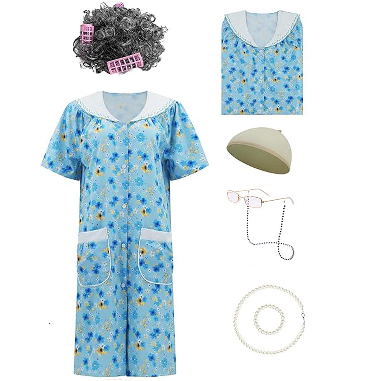 Costume de grand-mère pour la rentrée scolaire des femmes, tenue de spectacle pour Halloween, ensemble robe et chemise de nuit pour femme âgée