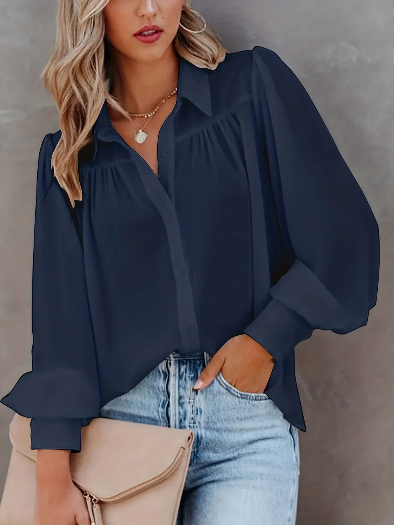 Grande taille 1XL-5XL femmes chemise unie à manches longues revers cou lâche lanterne manches Blouses nouveau automne déplacements mode chemises