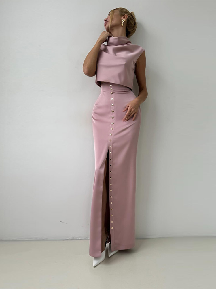 Ensembles élégants de jupes longues en satin pour femmes, col montant, sans manches, taille haute, fendues, coupe droite, tenues de soirée, nouvelle collection printemps 2026