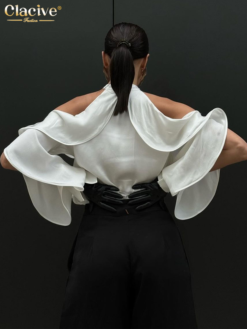 ClacMarkets-Chemise à manches longues à col rond pour femmes, haut à volants classique, vêtements féminins élégants, sexy, mode blanche