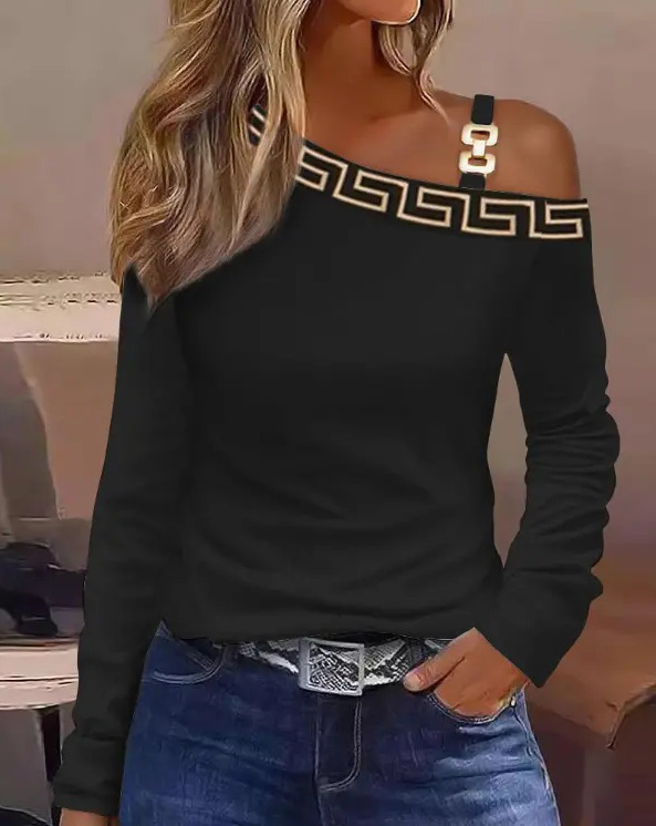Chemise élégante pour femmes, sexy, ample, printemps-hiver 2026, épaule dénudée, découpe, chaîne suspendue au cou, imprimé, bouton, haut tendance pour femmes