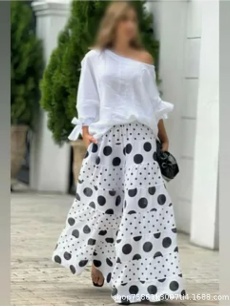 Tenues décontractées High Street, col alertes onal creux, haut neuf-quarts, imprimé à pois adt, pantalon à jambes trempées, nouvelle mode