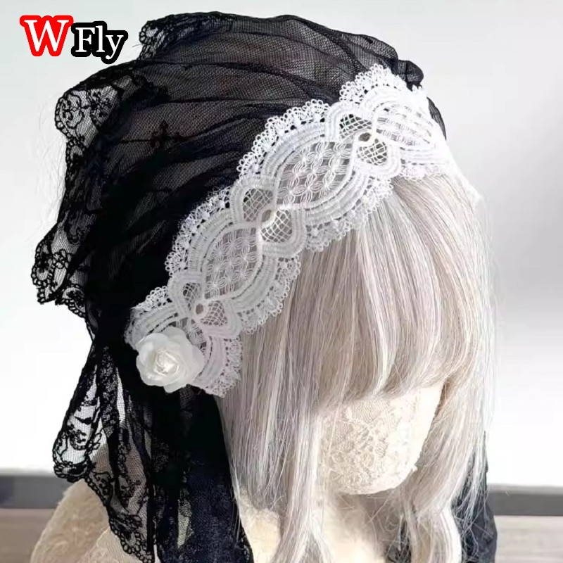 Serre-tête Steampunk Y2K style voile pour femmes, Harajuku, à volants, en dentelle florale, avec nœud, style nonne, Lolita gothique, accessoires pour cheveux.