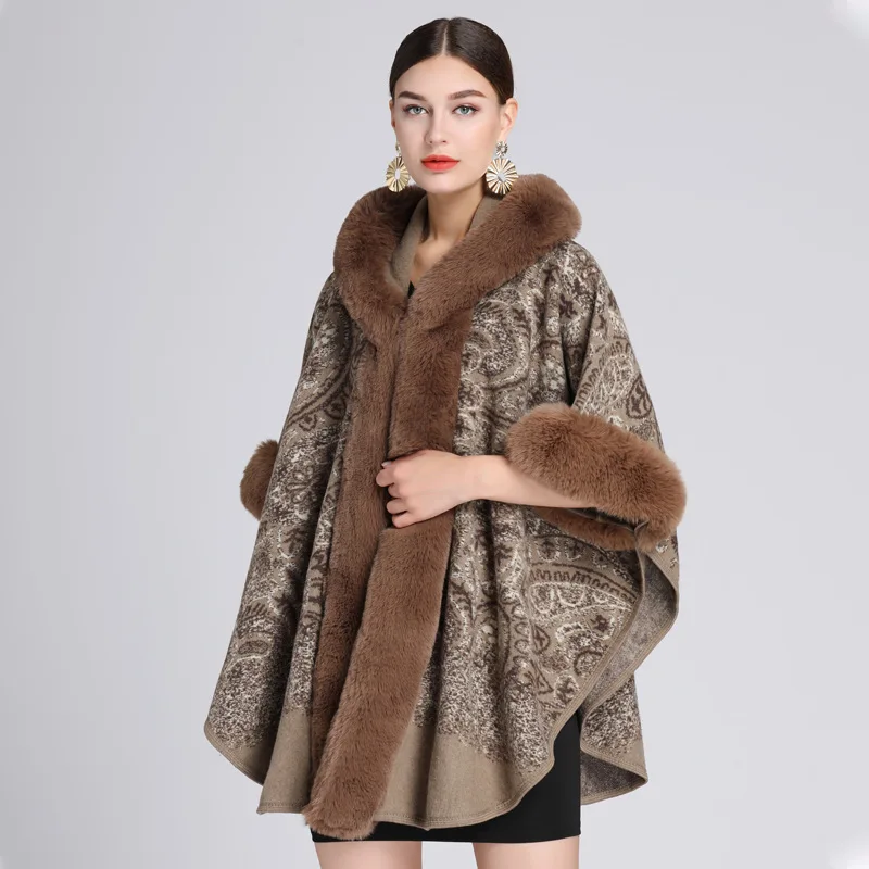 Automne hiver nouvelle Imitation loutre lapin fourrure col Jacquard à capuche châle Cape Imitation laine Ponchos café Capes femmes Cape