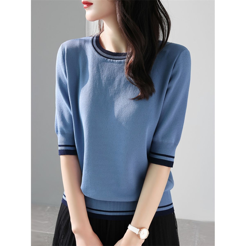 Vêtements pour femmes 2024 mode d'été contraste couleur élégant doux tricoté T-shirts décontracté col rond demi manches hauts pullover amples
