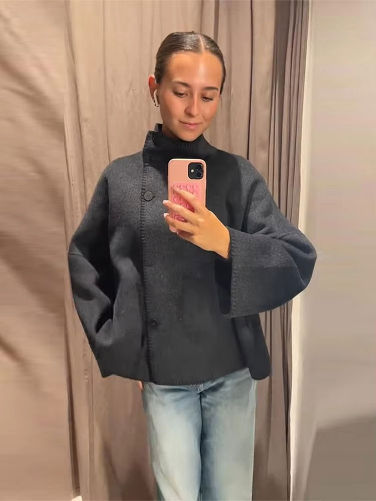 HH automne femmes mode contraste manteaux ample décontracté surdimensionné vestes col roulé à manches longues veste haute rue dame vêtements d'extérieur
