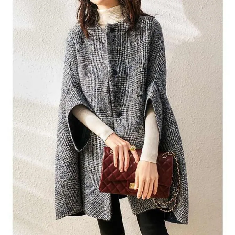 Cardigan mi-long à carreaux à col rond pour femmes, optique coréenne, mélange de laine, point ouvert, manches longues, décontracté, automne, hiver, 2023