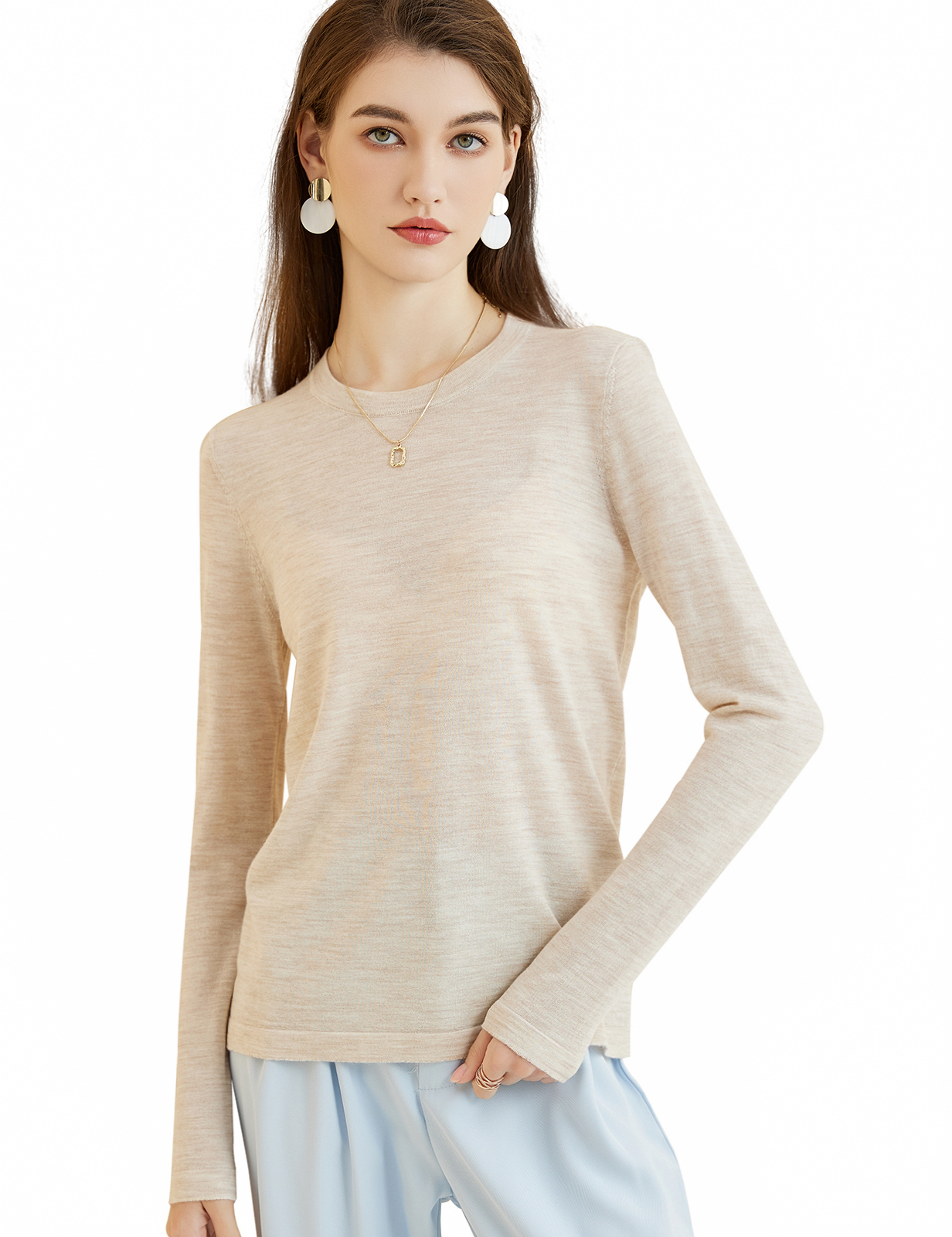 T-shirt à col rond en laine mérinos pour femme, 100% laine mérinos, couche de base, t-shirt à manches longues, vêtements en tricot en Y, haut doux, mode automne et hiver