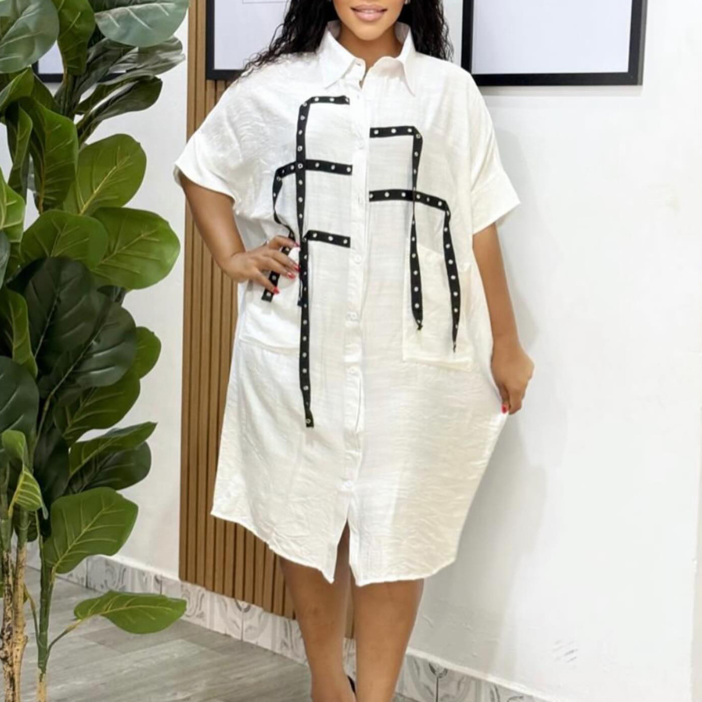 Robe chemise ample mode revers simple boutonnage demi manches grande poche épissé ​ ​ Robes midi pour femmes, chemise de banlieue élégante