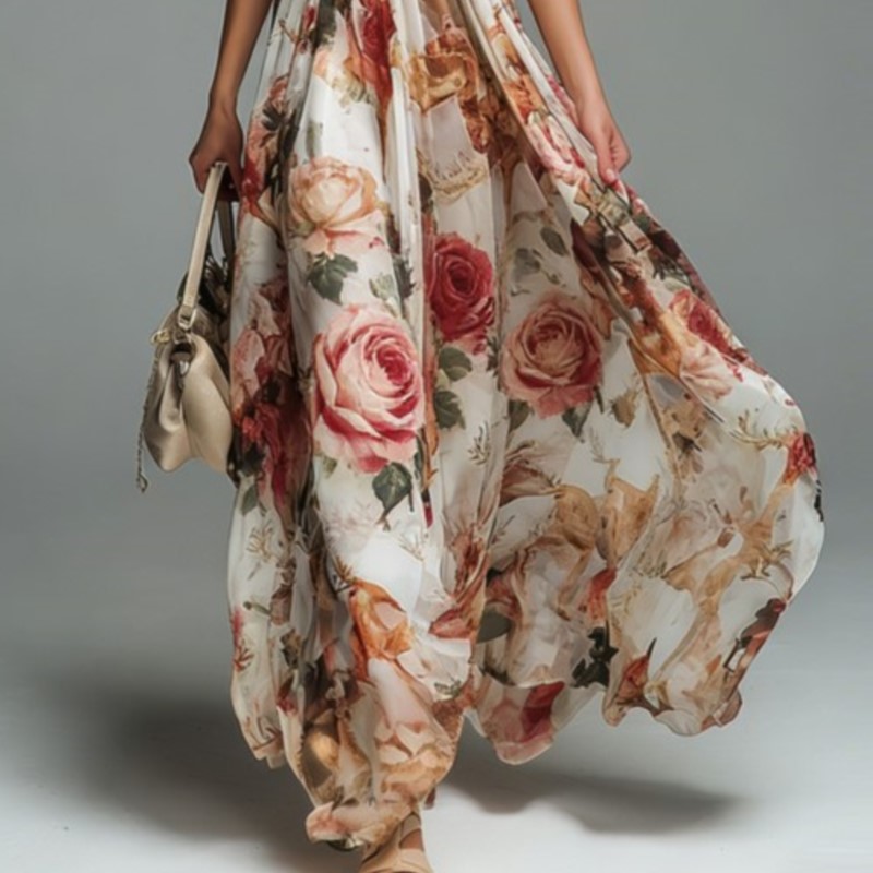 Nouvelle Robe Longue Décontractée d'Été pour Femme, Imprimé Floral, Col Halter, Sans Manches, Col en V, Coupe Trapèze, Idéale pour les Fêtes