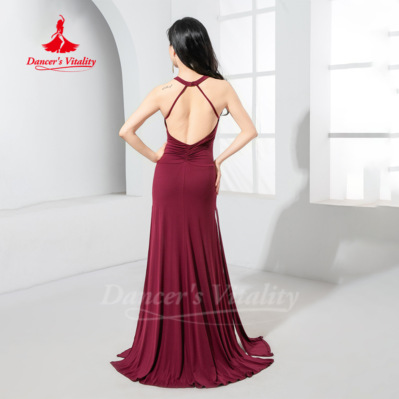 Costume de danse du ventre pour femmes, robe dos nu Sexy + écharpe de hanche à pompon, tenue de pratique professionnelle de danse orientale pour adultes, 2 pièces