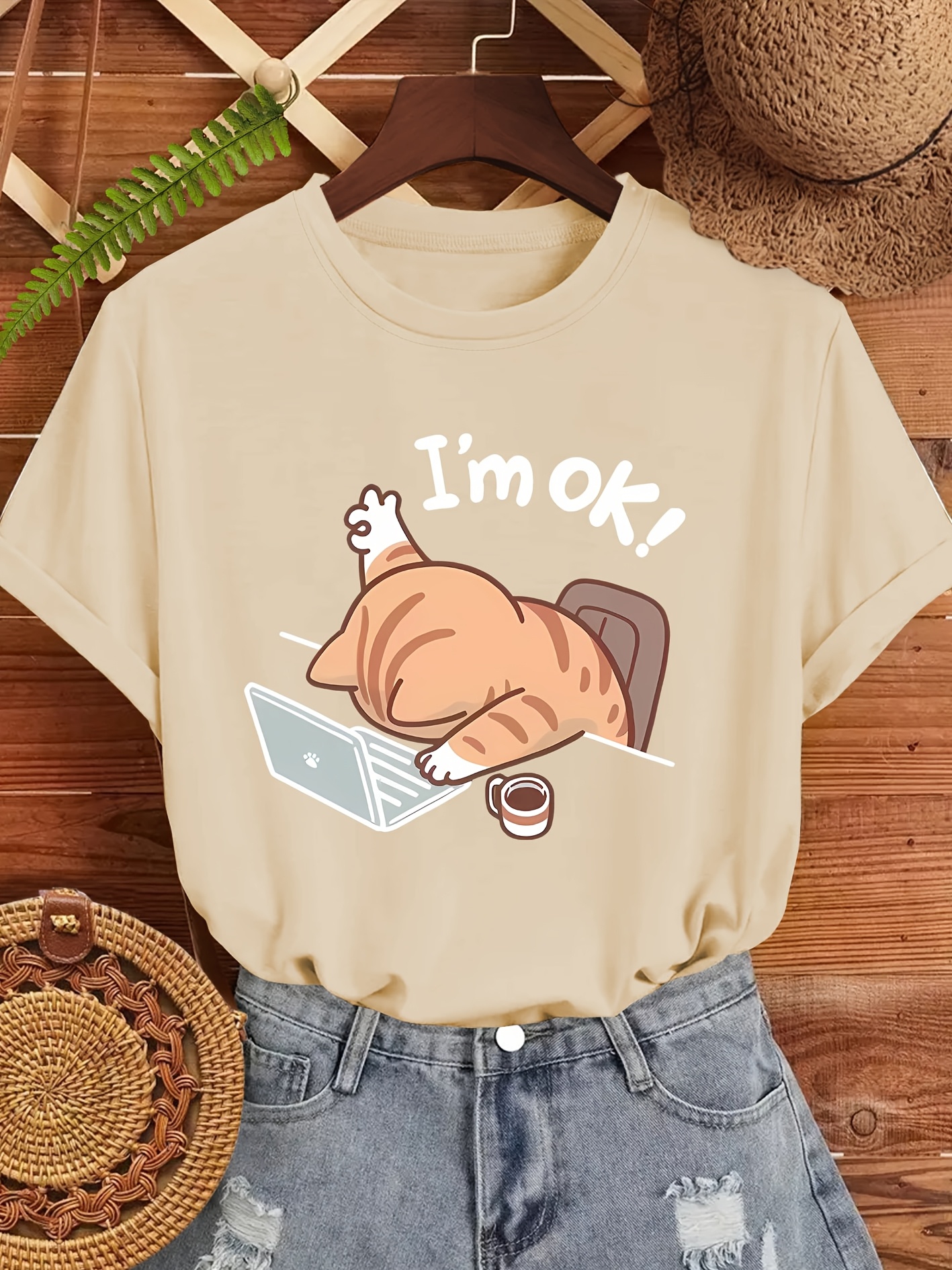 T-shirt à manches courtes et col rond pour femmes, avec image de chat « I'm OK », décontracté, à la mode, Harajuku, Kawaii, vêtements Y2K