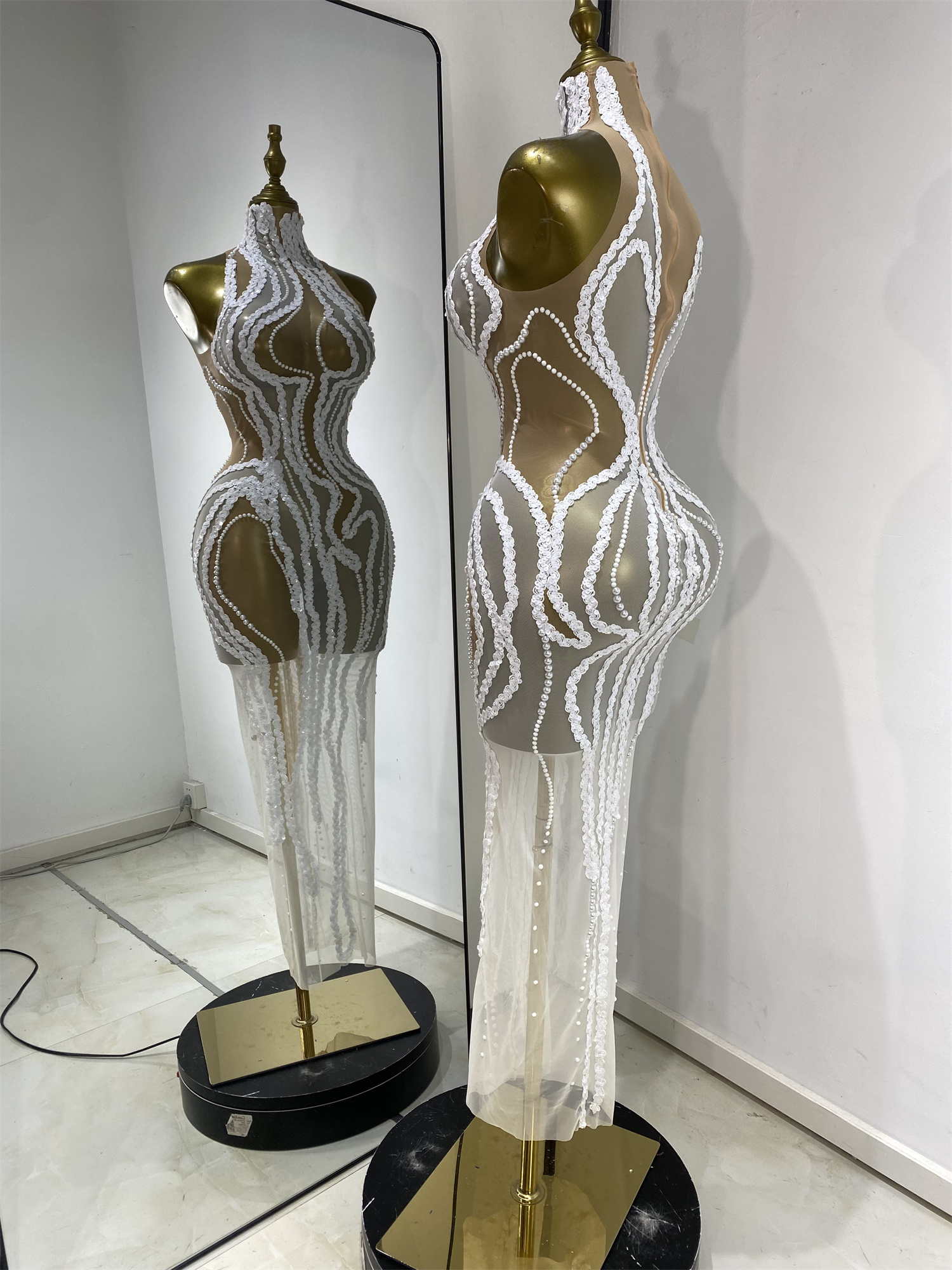 Robe de soirée pour femme, sexy, à paillettes, perles, transparente, longue, pour anniversaire, boîte de nuit, séance photo, soirée