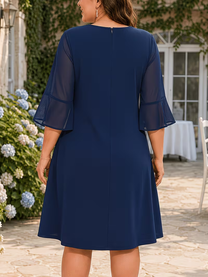 Robe de soirée pour femmes grandes tailles, col rond, manches 3/4, coupe ample et droite, longueur genou