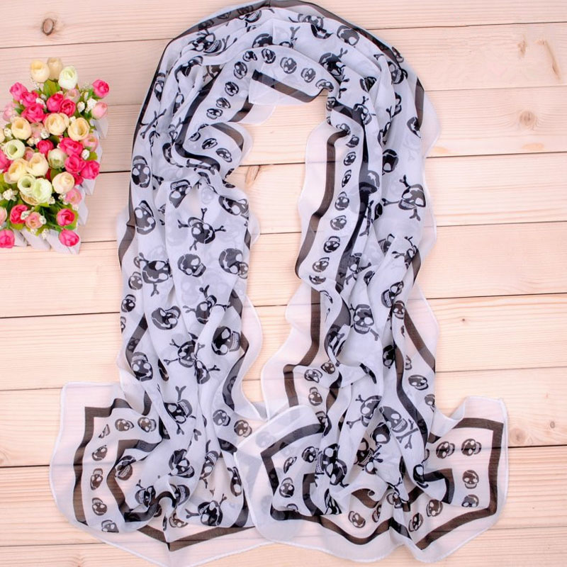 Foulard en Chiffon Georgette Imprimé Crâne pour Femme 150*50cm, Écharpe Bandana Élégante, Longue Étole, Hijab, Protection Solaire Estivale, Foulards de Plage