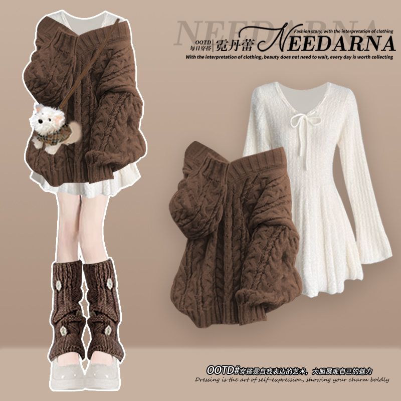 Costume français grande taille pour femmes, ensembles assortis, pull tricoté, Mini robe amincissante, ensemble deux pièces