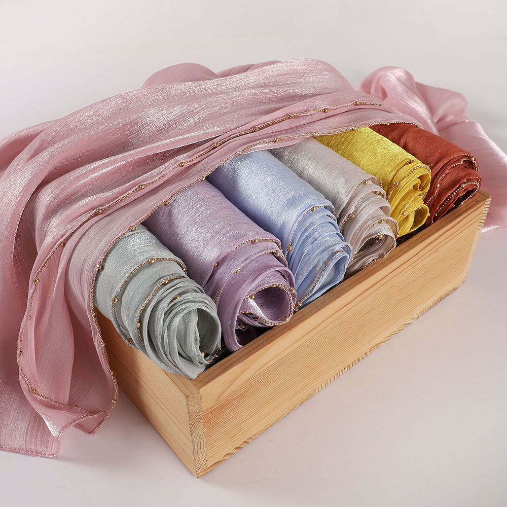 Hijab élégant en perles dorées pour femmes, foulard musulman en satin brillant, couvre-chef islamique modeste pour Ramadan, Eid, hijab turc
