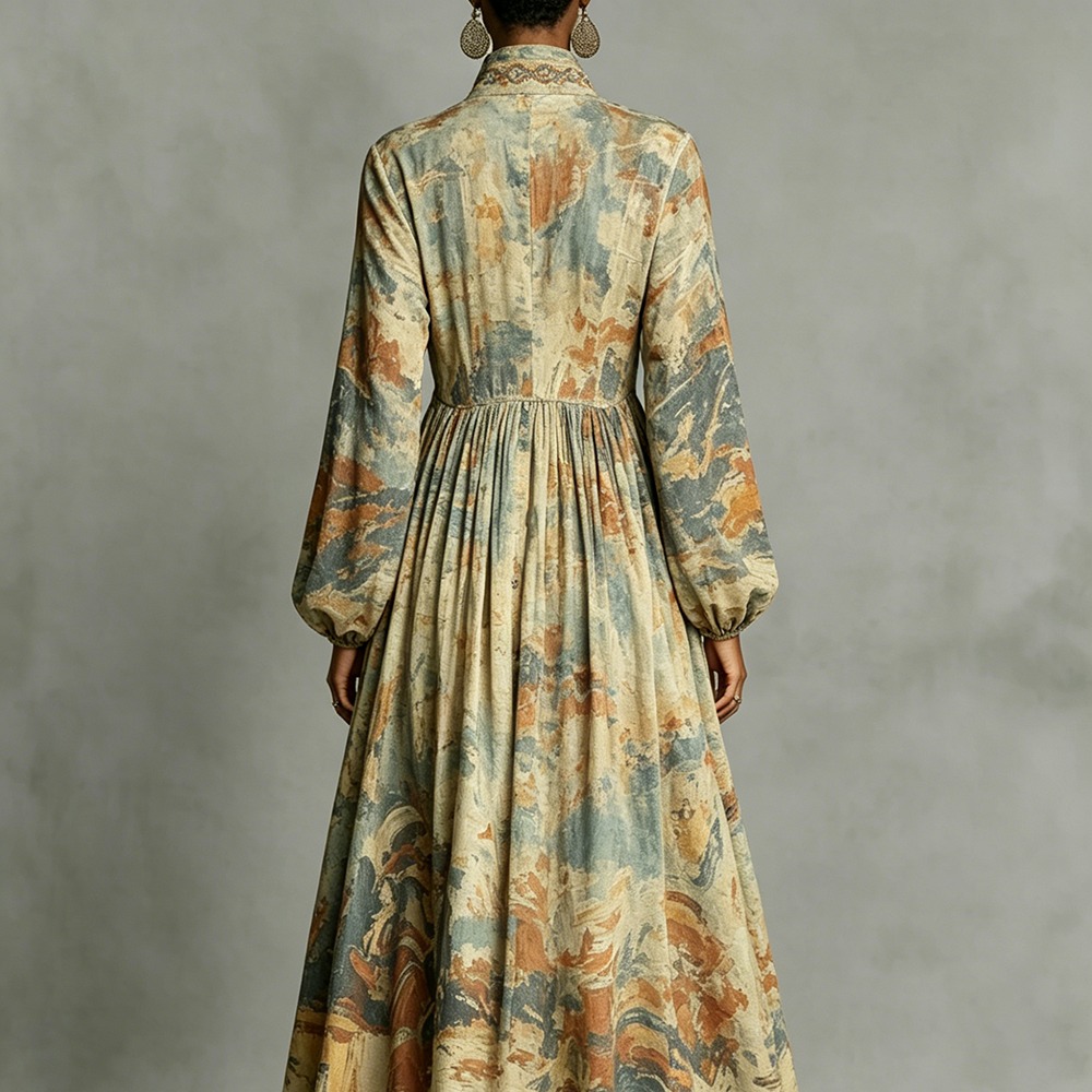 Robe longue vintage bohème pour femme à manches longues, imprimé artistique, boutonnée, taille haute, décontractée, élégante, pour soirée, tenue chic