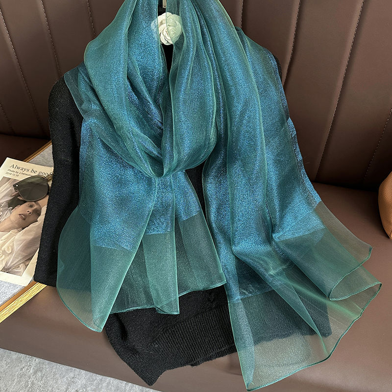 Écharpe en soie et laine, couleur unie, double couche, fine et brillante, grand châle, protection solaire, polyvalente, mode, long foulard pour femme