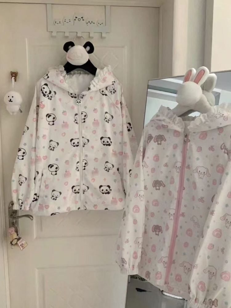 Vestes japonaises imprimées de dessins animés Kawaii, amples, Protection solaire décontractée Y2k, hauts en dentelle Patchwork, manteaux à capuche Preppy Grunge pour femmes