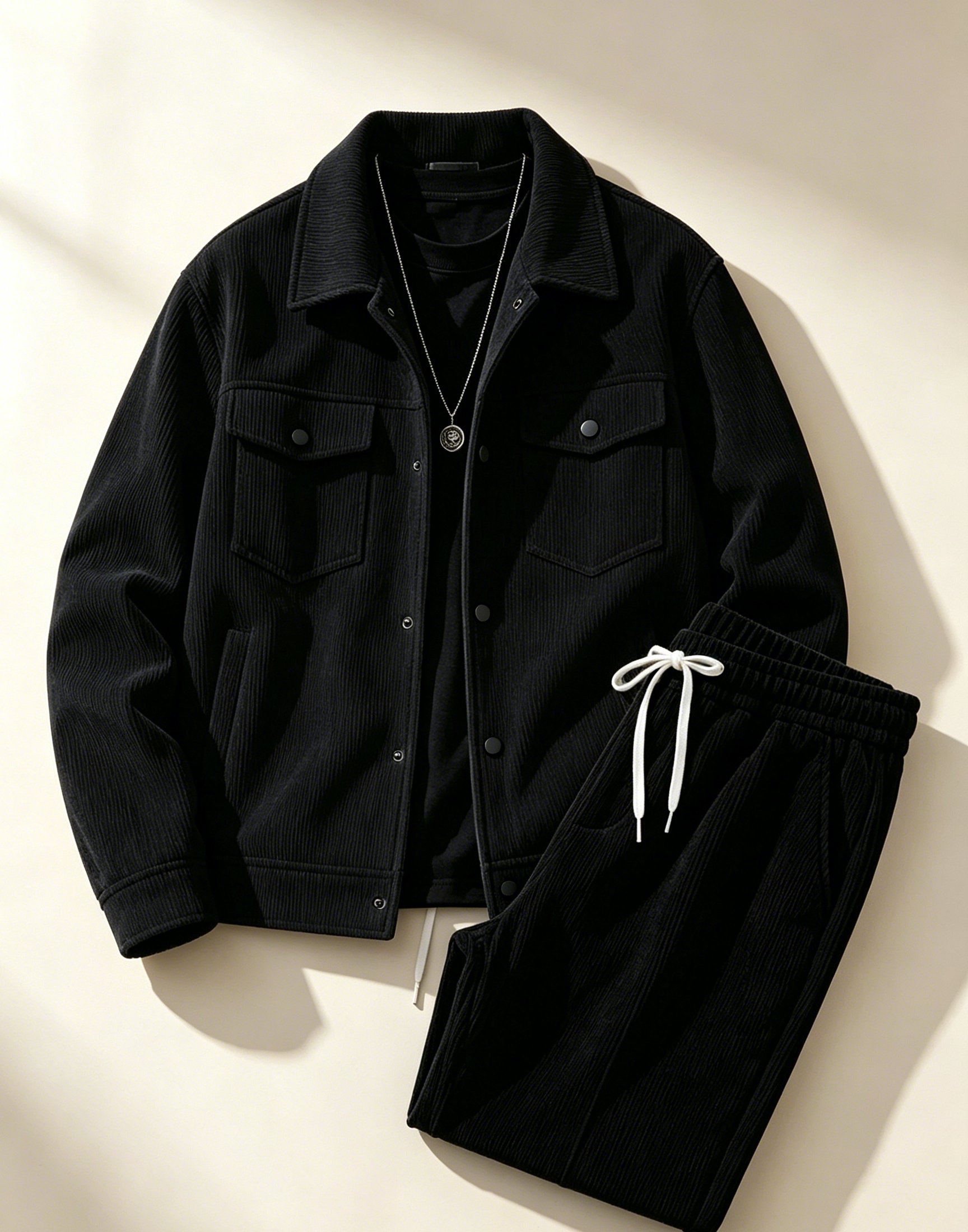Ensemble veste et pantalon en velours côtelé pour hommes, couleur unie, tenue décontractée à la mode pour le shopping, vêtements de printemps/automne