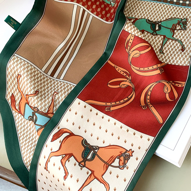 Long sac en soie cravate cou maigre écharpe bandeau Foulard cheval imprimé marque dame Foulard ruban 2024 printemps nouveau