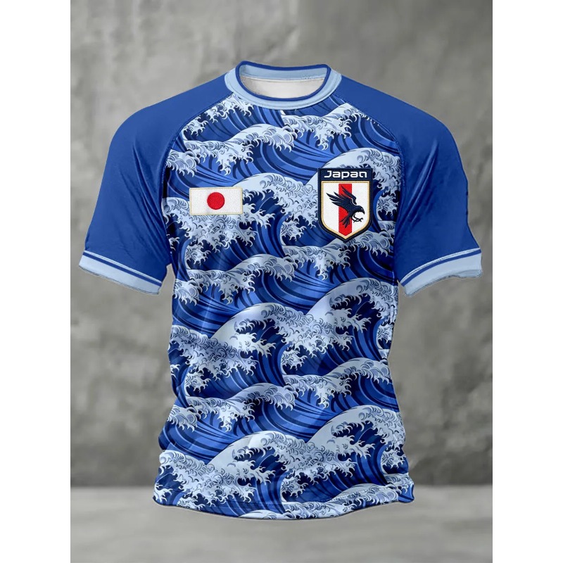 Maillot de football 3D unisexe, imprimé bleu Japon, motif fleur de cerisier et drapeau du Mont Fuji, manches courtes, pour supporter de football, idéal pour les matchs et la vie quotidienne.