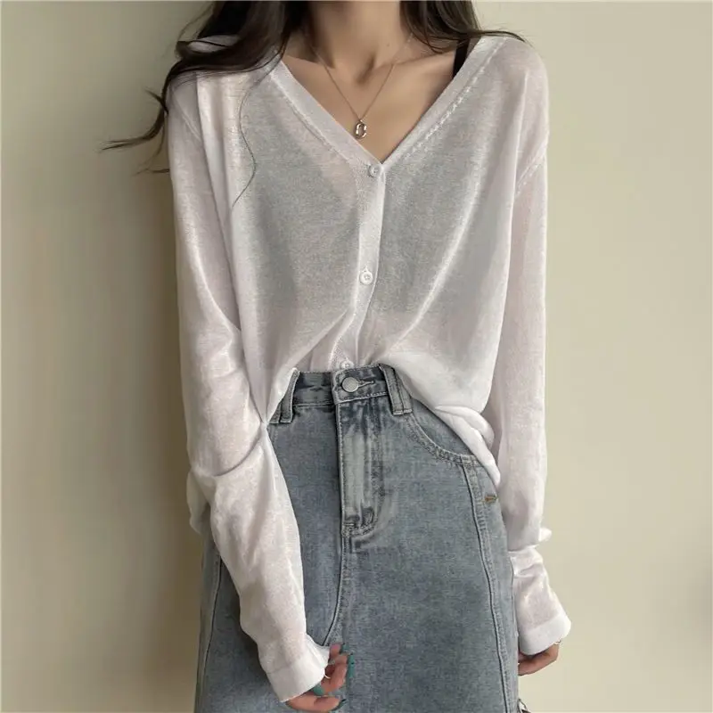 Ice InjThin-Cardigan boutonné à col en V monochrome pour femmes, manches longues, coupe couvertes, style coréen simple, tricot confortable, vêtements d'été