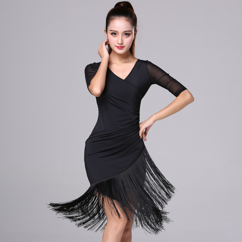 Robe de danse latine à manches moyennes pour femmes, robe une pièce à pampilles, olympiques de tango, cha cha, rumba, salle de Rhféminine, été