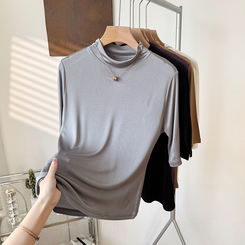 Yuyue's 100% soie de mûrier basique femmes T-shirt couleur unie grande taille demi col rond soie de mûrier haut mi-manches chemise de Base