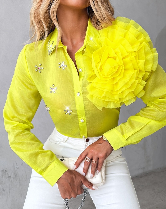 Mode femme Blouse printemps Rose détail strass simple boutonnage décontracté plaine col rabattu à manches longues petit haut quotidien