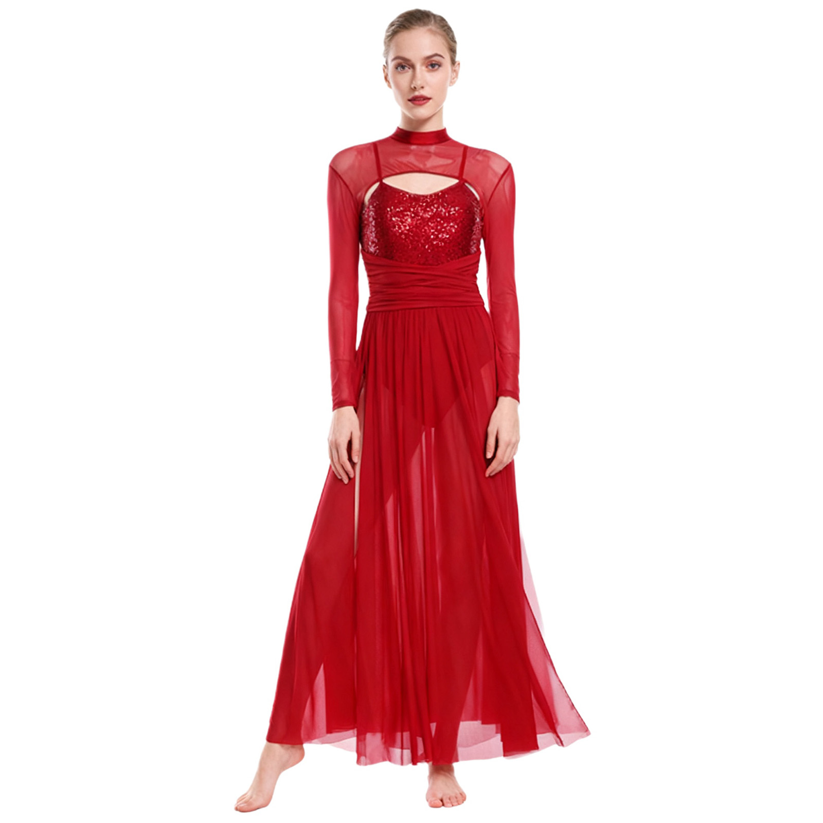 Costumes de danse lyrique de ballet pour femmes, maille à paillettes, robe longue fluide en tulle, slip intégré, vêtements de danse contemporaine Morden