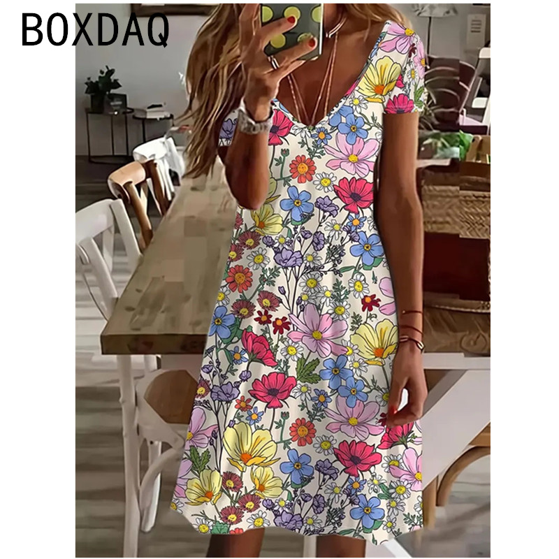 Vintage élégant imprimé fleuri a-ligne robe femmes été à manches courtes col en v plage tenue décontractée grande taille dame Simple robe de rue