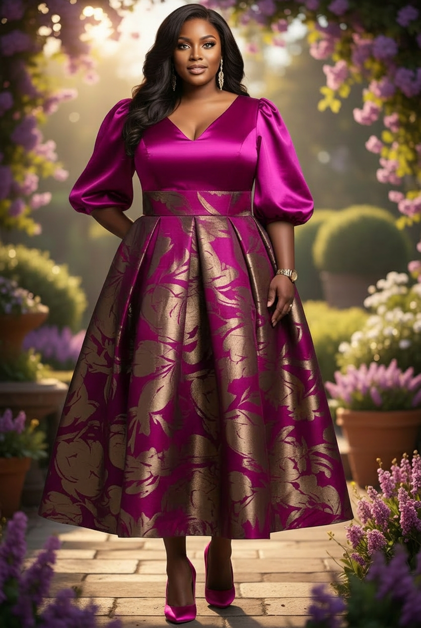 Robe midi jacquard florale grande taille pour femme, col en V, manches bouffantes, coupe évasée, idéale pour les invitées de mariage, l'église ou les soirées.