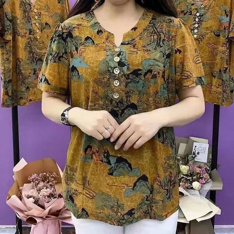 Vêtements pour femmes d'âge moyen et âgées, été 2025, t-shirts amples à imprimé floral vintage, décontractés, col rond, manches courtes, pulls