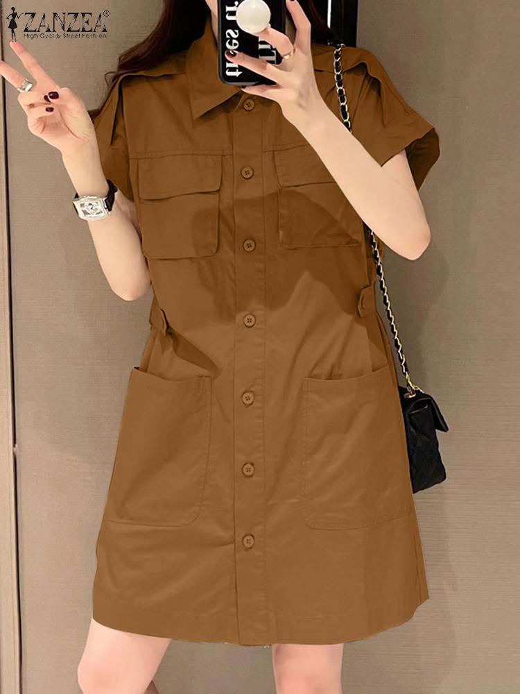Mode coréenne été Cargo robe ZANZEA femmes à manches courtes col rabattu robe d'été décontracté solide fête robe chemise robes