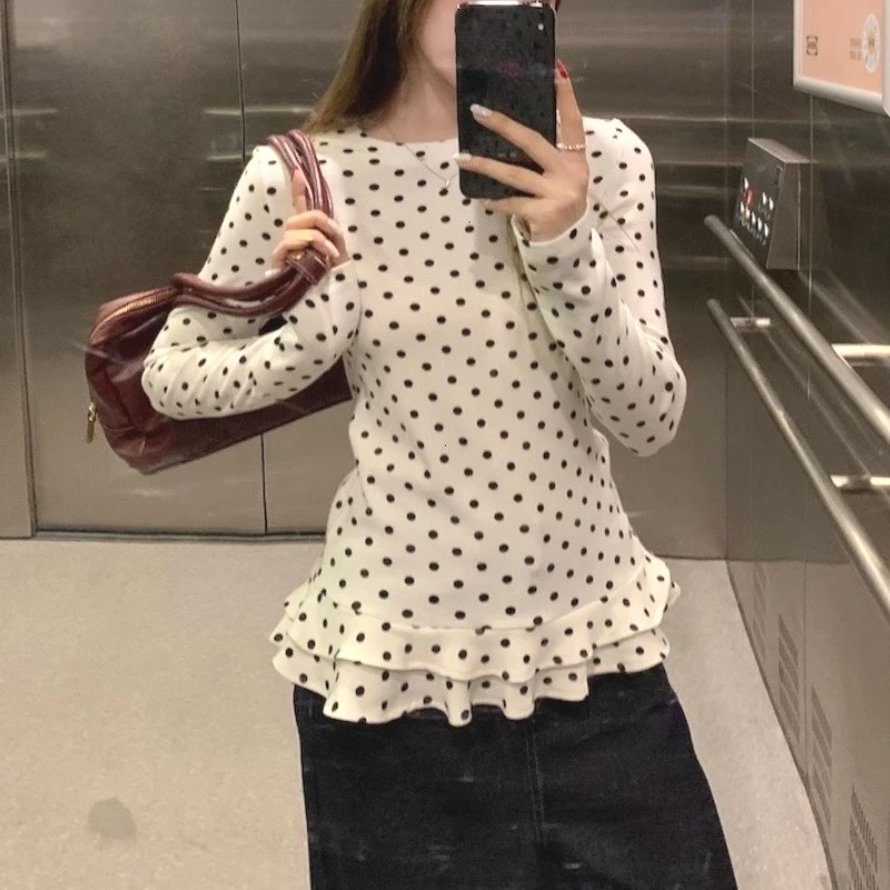 Style coréen nouveau T-Shirt à manches longues à volants pour femmes à pois mince intérieur haut chemises douces femmes vêtements mилы© топ