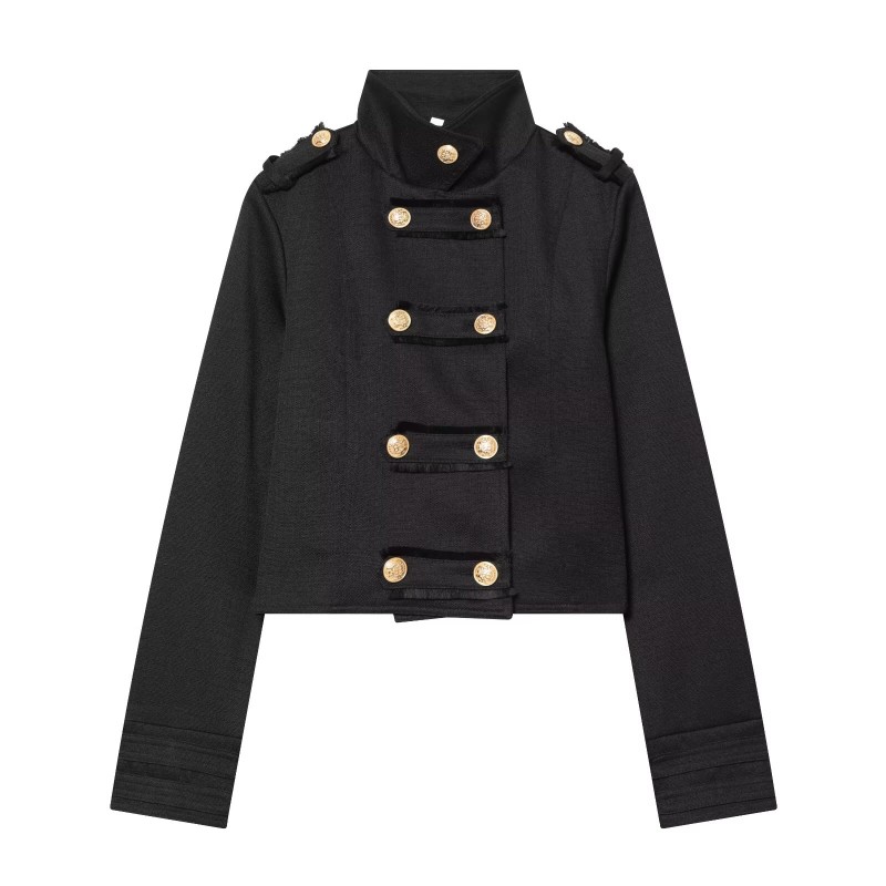 Veste Courte Femme - Manteau Court à Col Montant et Boutons Dorés Croisés, Nouvelle Collection 2026 Coupe Slim Chic